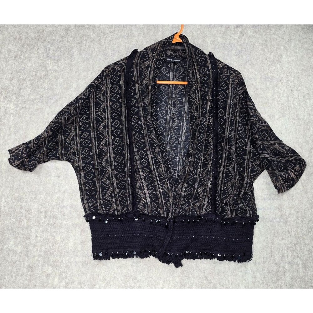 Rock & Republic Beaded Fringe Open Cardigan Black Metallic Boho Knit Lightweight